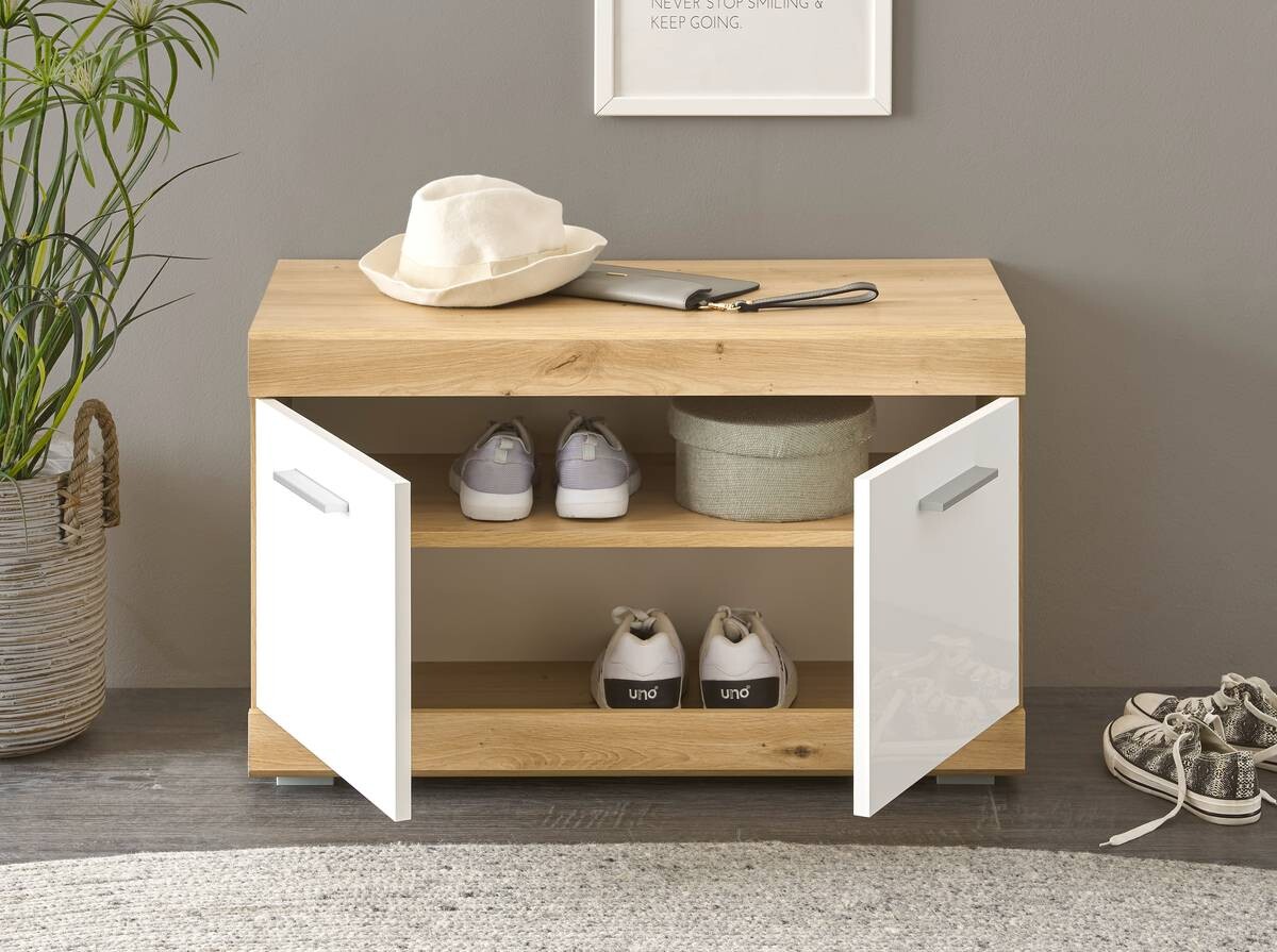 Sitzbank Nola Eiche Artisan Nachbildung weiß Hochglanz B/H/T: ca. 80x49x38 cm