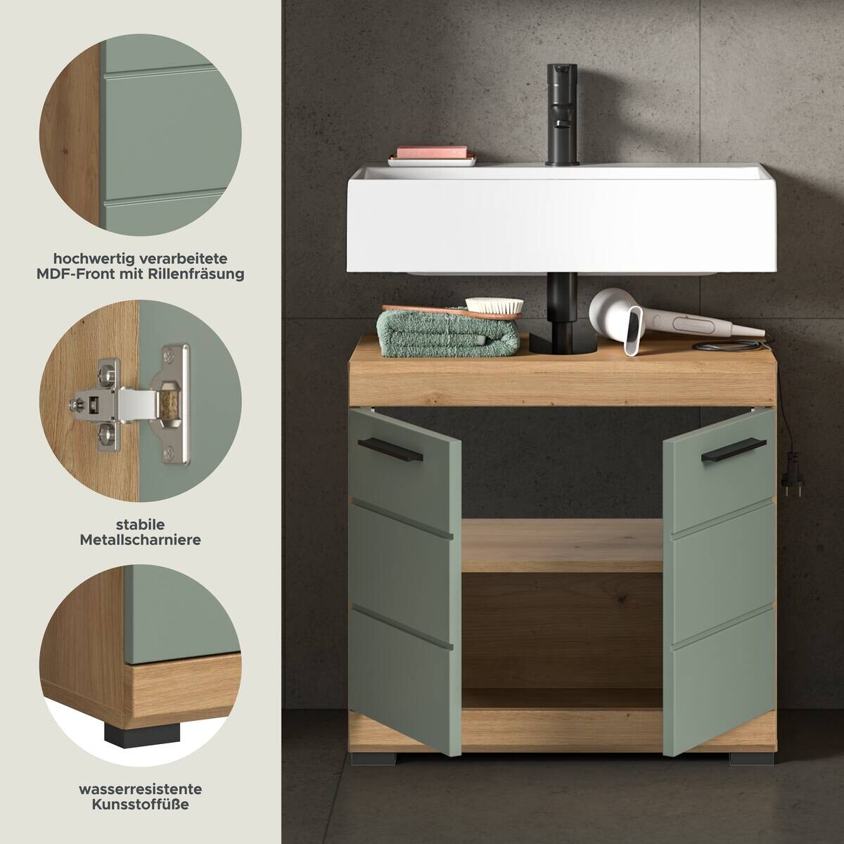 Waschbeckenunterschrank Scout Eiche Artisan Nachbildung salbei Nachbildung B/H/T: ca. 60x56x34 cm