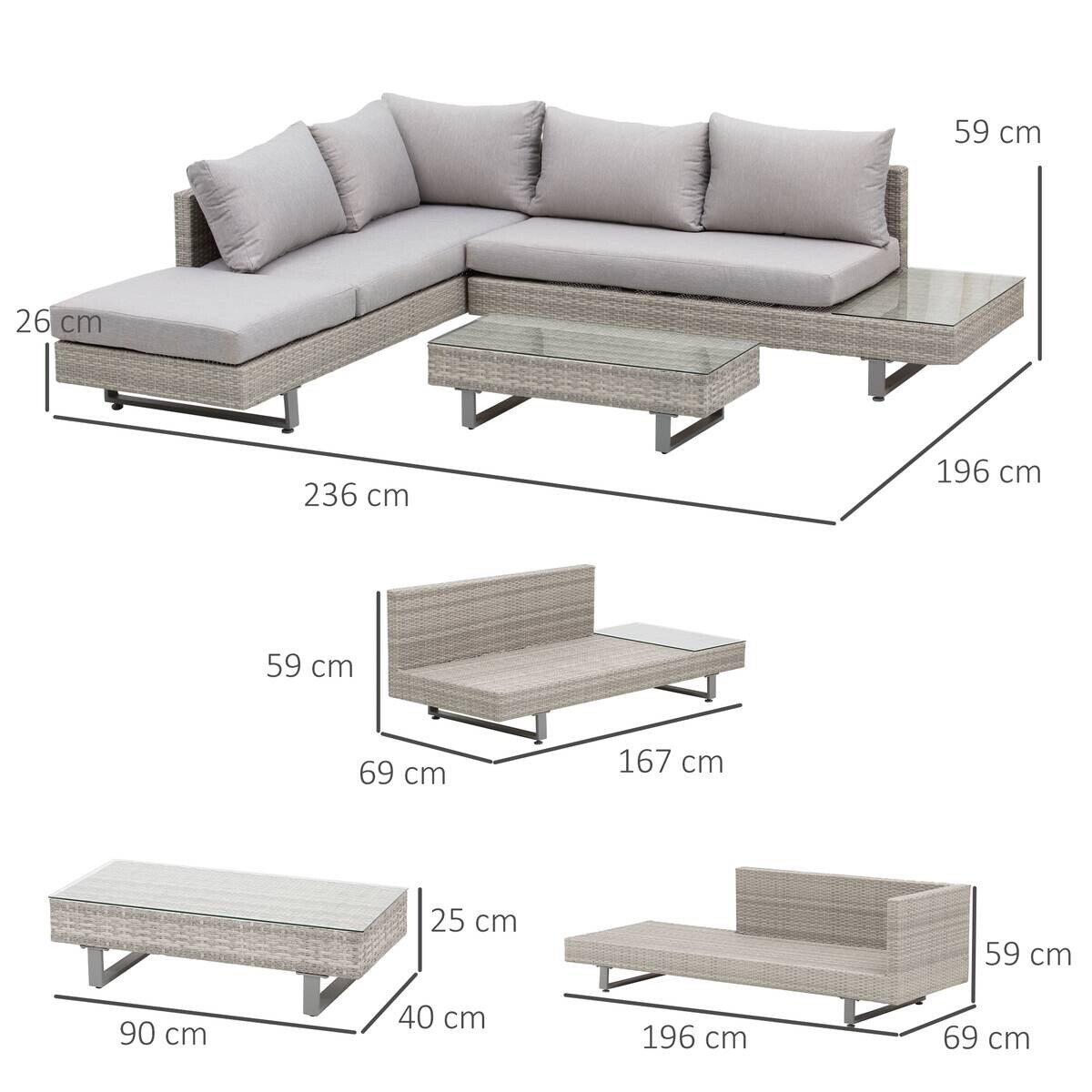 Outsunny Sitzgruppe grau Edelstahl B/H/L: ca. 69x196x59 cm