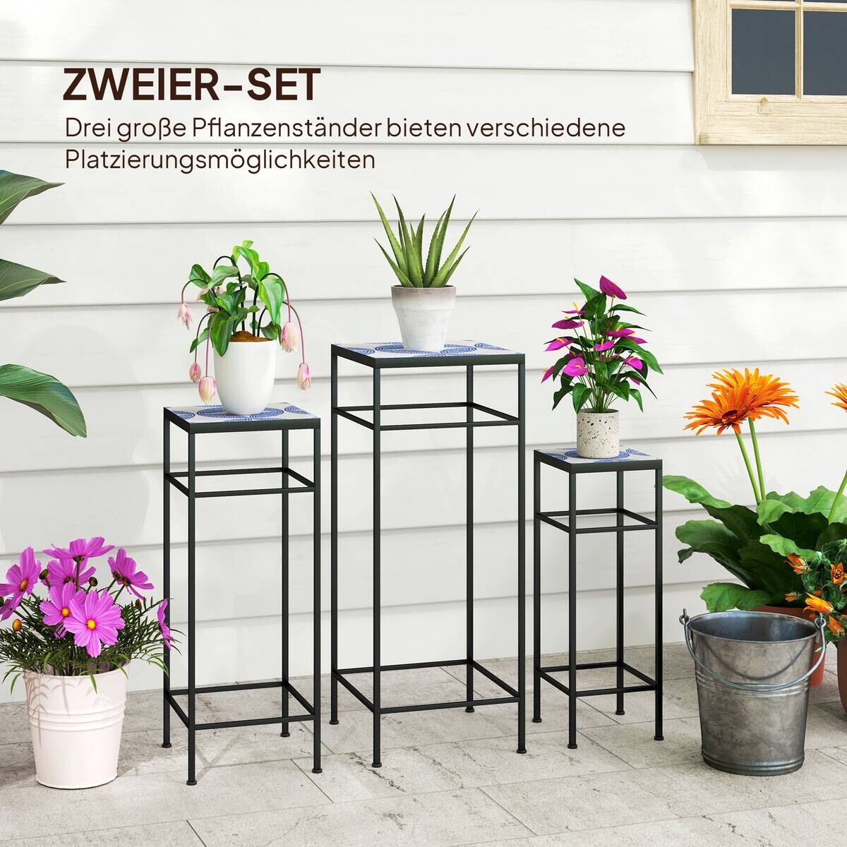 Outsunny Pflanzenständer 3er Set blau Metall B/H/L: ca. 28x71x28 cm