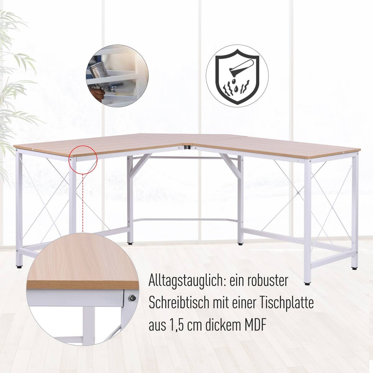 Computertisch 836-122AK natur weiß B/H/L: ca. 150x76x150 cm