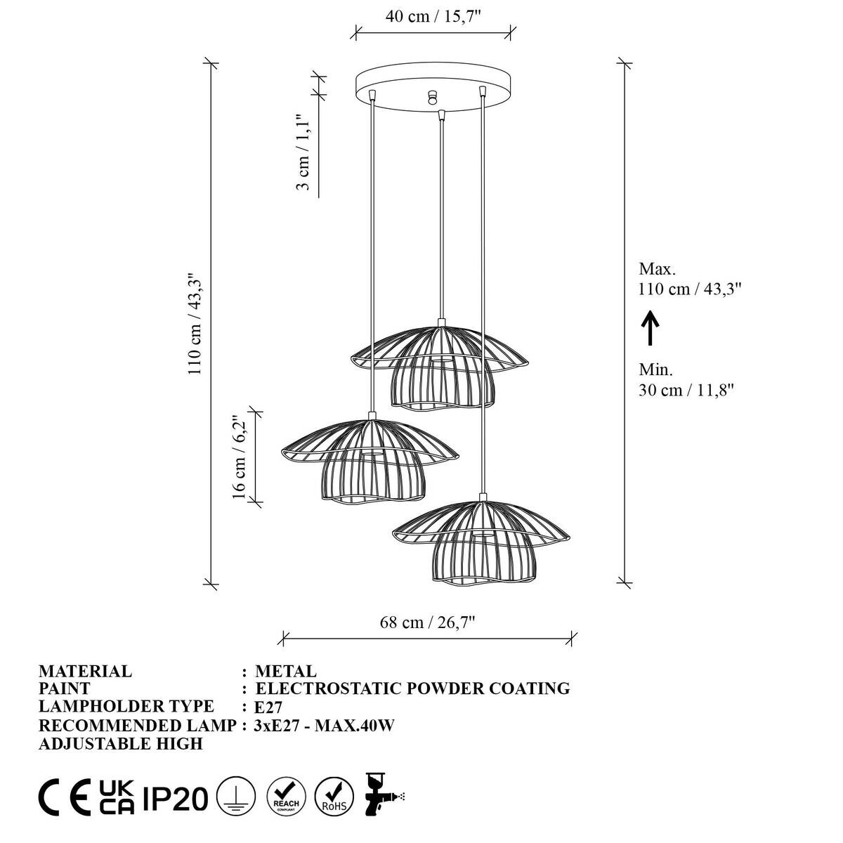 Opviq Pendelleuchte Mantar gold B/H/T/L/D: ca. 68x110x68x68x68 cm E27 3 Brennstellen