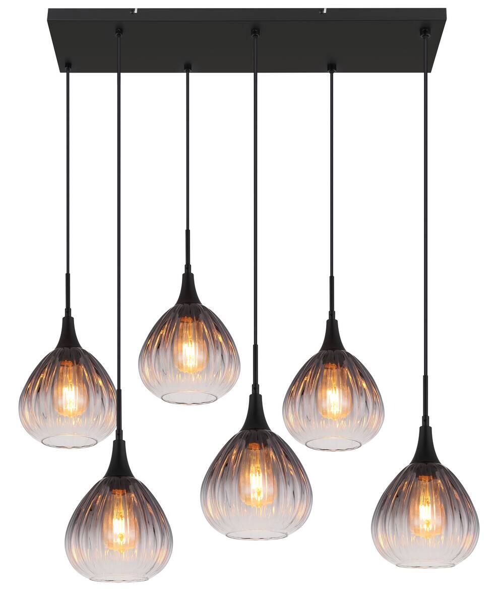 GLOBO Pendelleuchte Rauch schwarz Metall Glas B/H/T: ca. 40x120x90 cm E27 6 Brennstellen
