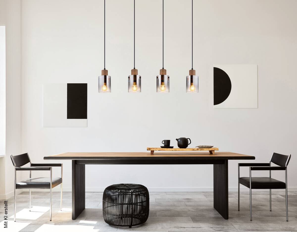 GLOBO Pendelleuchte UNDERWOOD 15915-4H dunkelbraun klar Rauch MDF Kunststoff Glas B/H/L: ca. 105x120x12 cm E27 4 Brennstellen