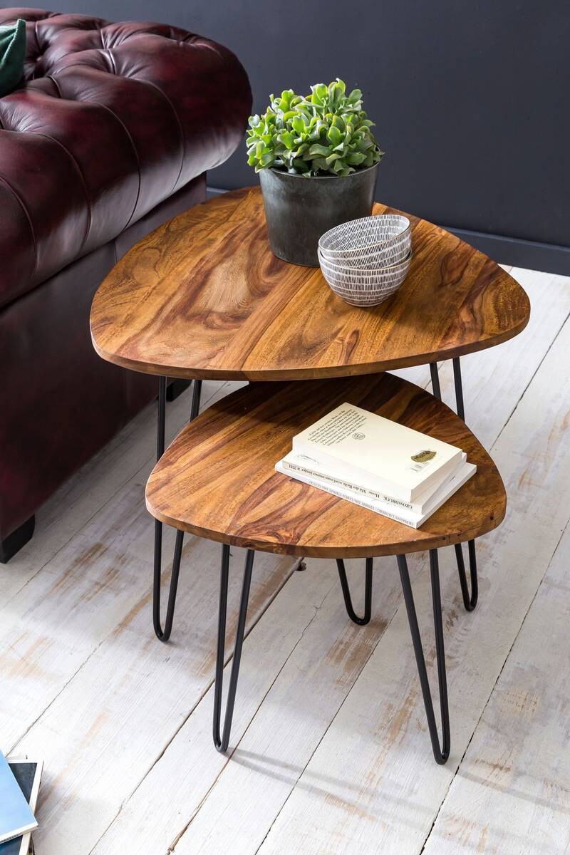 Beistelltisch 2er-Set natur schwarz Echtholz Eisen