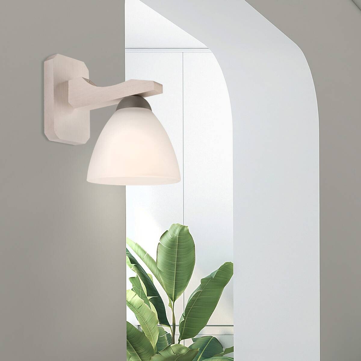 Lamkur Wandleuchte weiß buche Glas Stahl Holz B/H/L: ca. 20x20x30 cm E27 1 Brennstellen