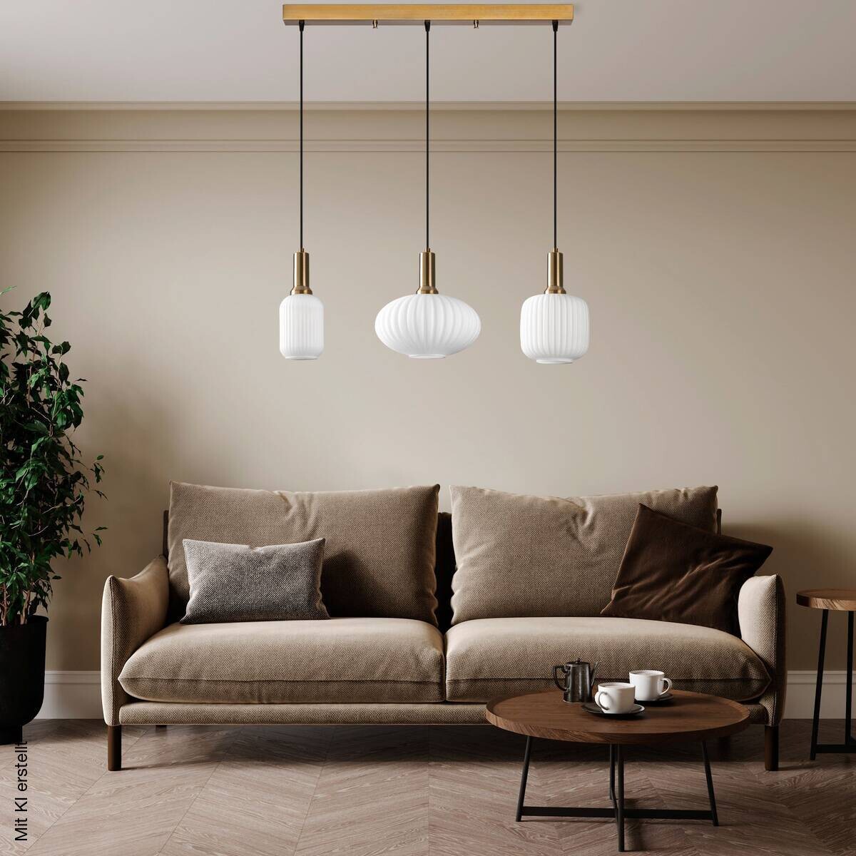 Pendelleuchte gold Metall Glas B/H/T/L: ca. 30x130x30x87 cm E27 3 Brennstellen