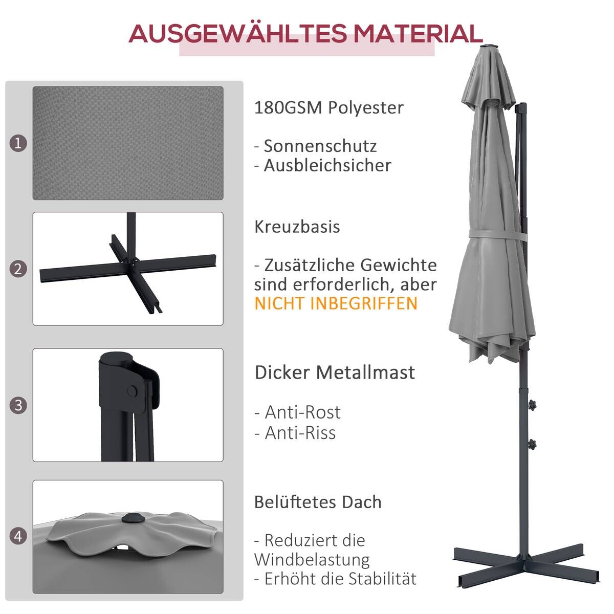 Outsunny Sonnenschirm dunkelgrau Edelstahl B/H/L: ca. 294x294x242 cm