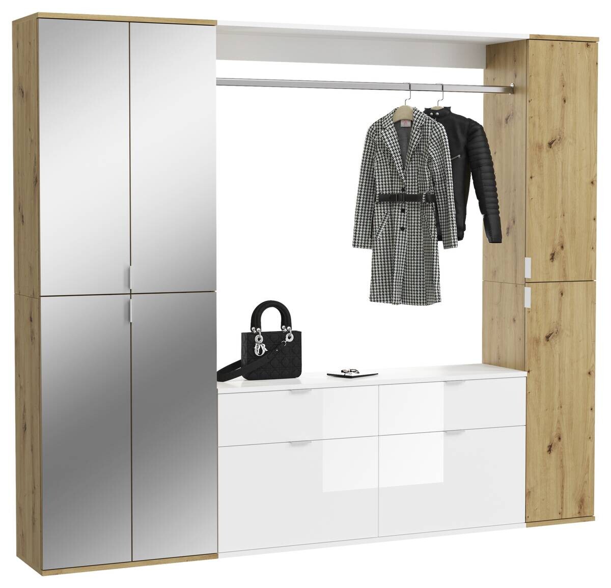 Garderobe PROJEKT Eiche Artisan Nachbildung weiß Hochglanz Spiegel B/H/T: ca. 212x193x34 cm