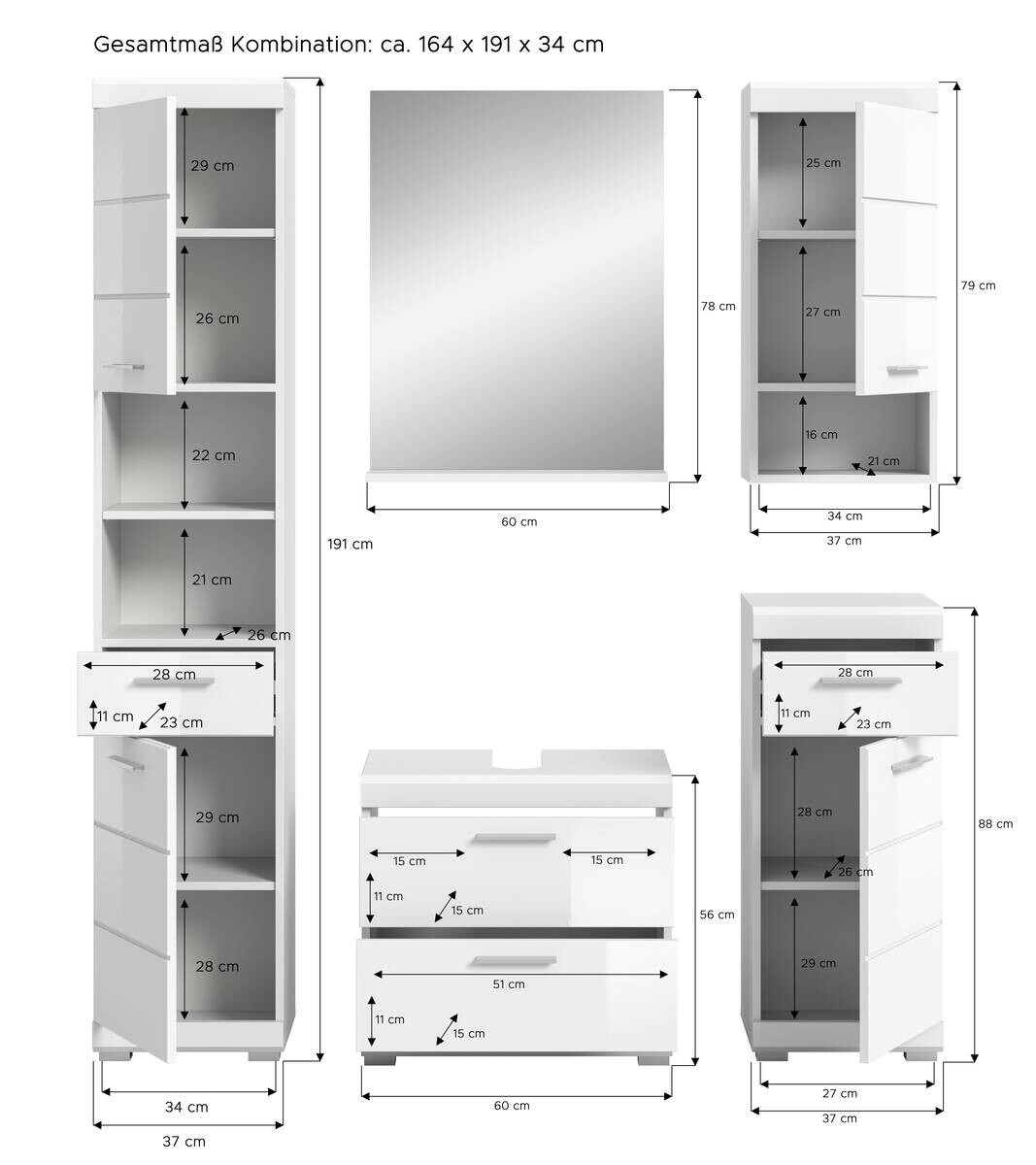 Badezimmer-Set Scout weiß weiß Hochglanz B/H/T: ca. 164x191x37 cm