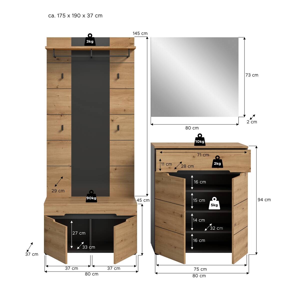 Garderobe Canu basaltgrau Nachbildung Artisan Nachbildung B/H/T: ca. 175x190x37 cm
