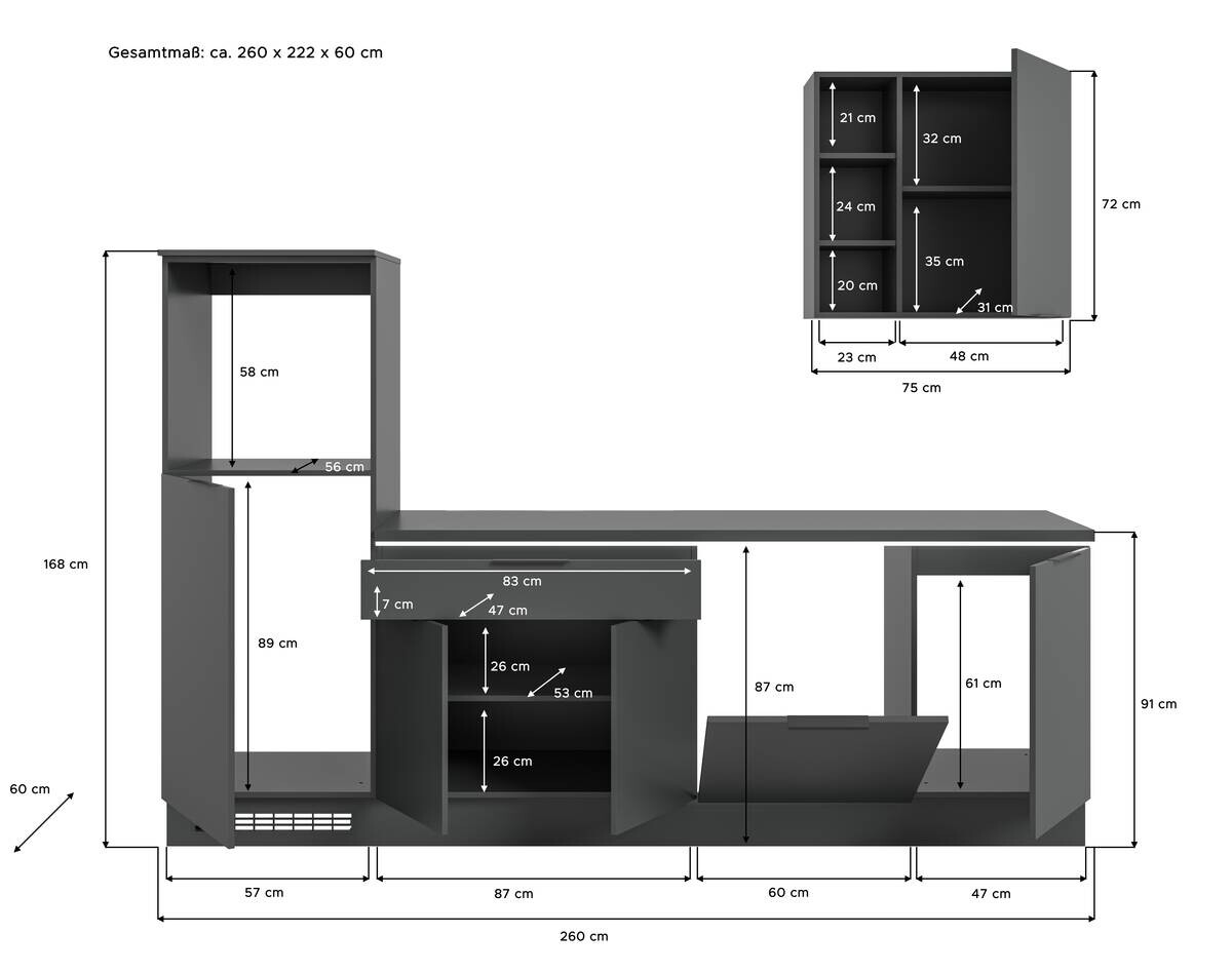 xonox.home Küchenblock Charly schwarz B/H/T: ca. 260x222x60 cm
