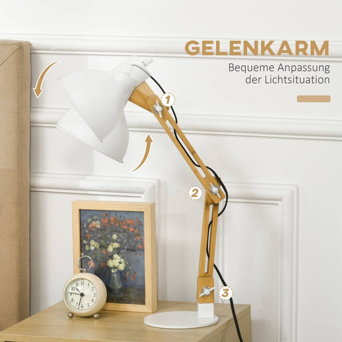 HOMCOM Schreibtischleuchte weiß Edelstahl Polypropylen Bambus B/H/L: ca. 15,5x36x50 cm E27 1 Brennstellen