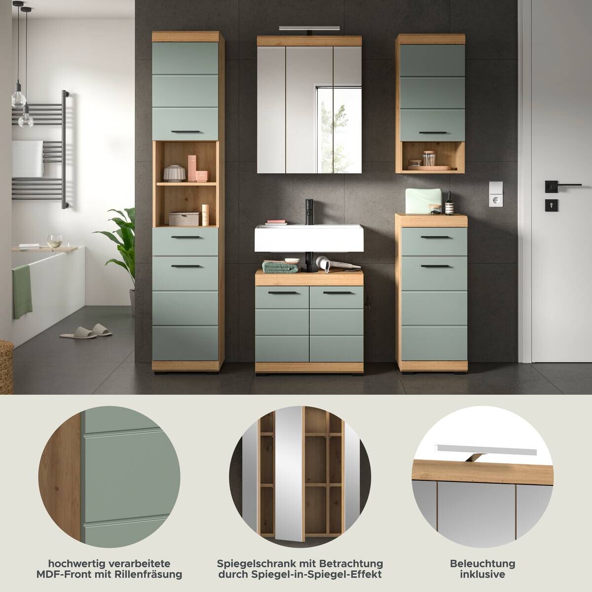 Badezimmer-Set Scout Eiche Artisan Nachbildung salbei Nachbildung B/H/T: ca. 164x191x34 cm