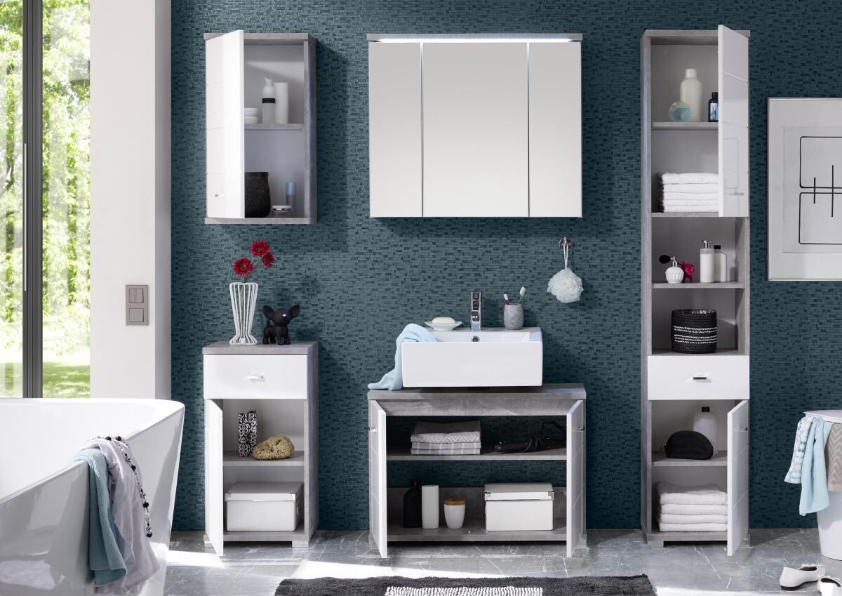 Waschbeckenunterschrank Pool Beton Optik weiß Hochglanz B/H/T: ca. 80x57x30 cm