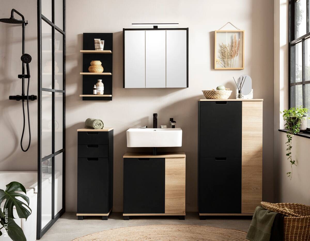 Highboard Emmik schwarz matt Eiche Eiche weiß Nachbildung B/H/T: ca. 59,8x116,9x32,6 cm