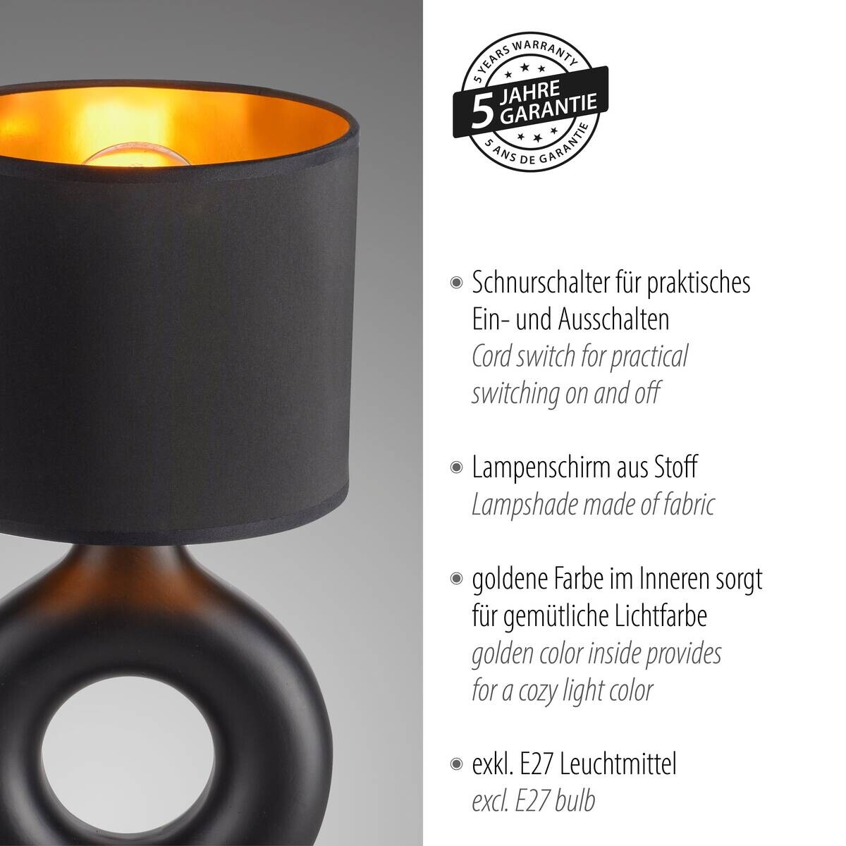 Just Light Tischleuchte Carara schwarz Kunststoff Stoff Keramik H/L/D: ca. 30x16x16 cm null 1 Brennstellen