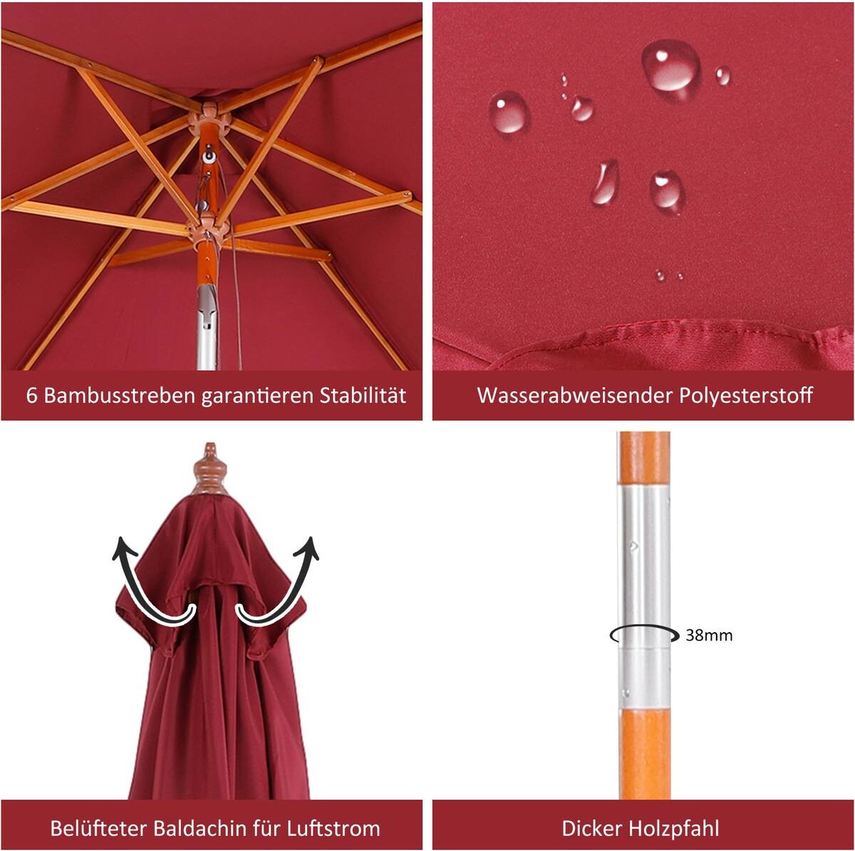 Outsunny Sonnenschirm weinrot Holz B/H/L: ca. 150x230x200 cm
