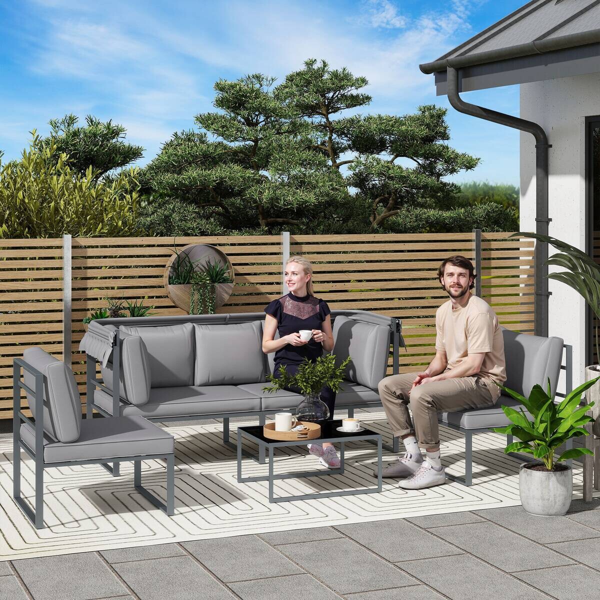 Outsunny Gartenmöbel-Set grau Stahl B/H/L: ca. 63x142x180 cm