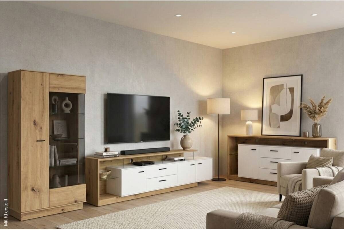 TV-Lowboard Covelo Eiche Artisan Oak Nachbildung weiß B/H/T: ca. 236x66x40 cm