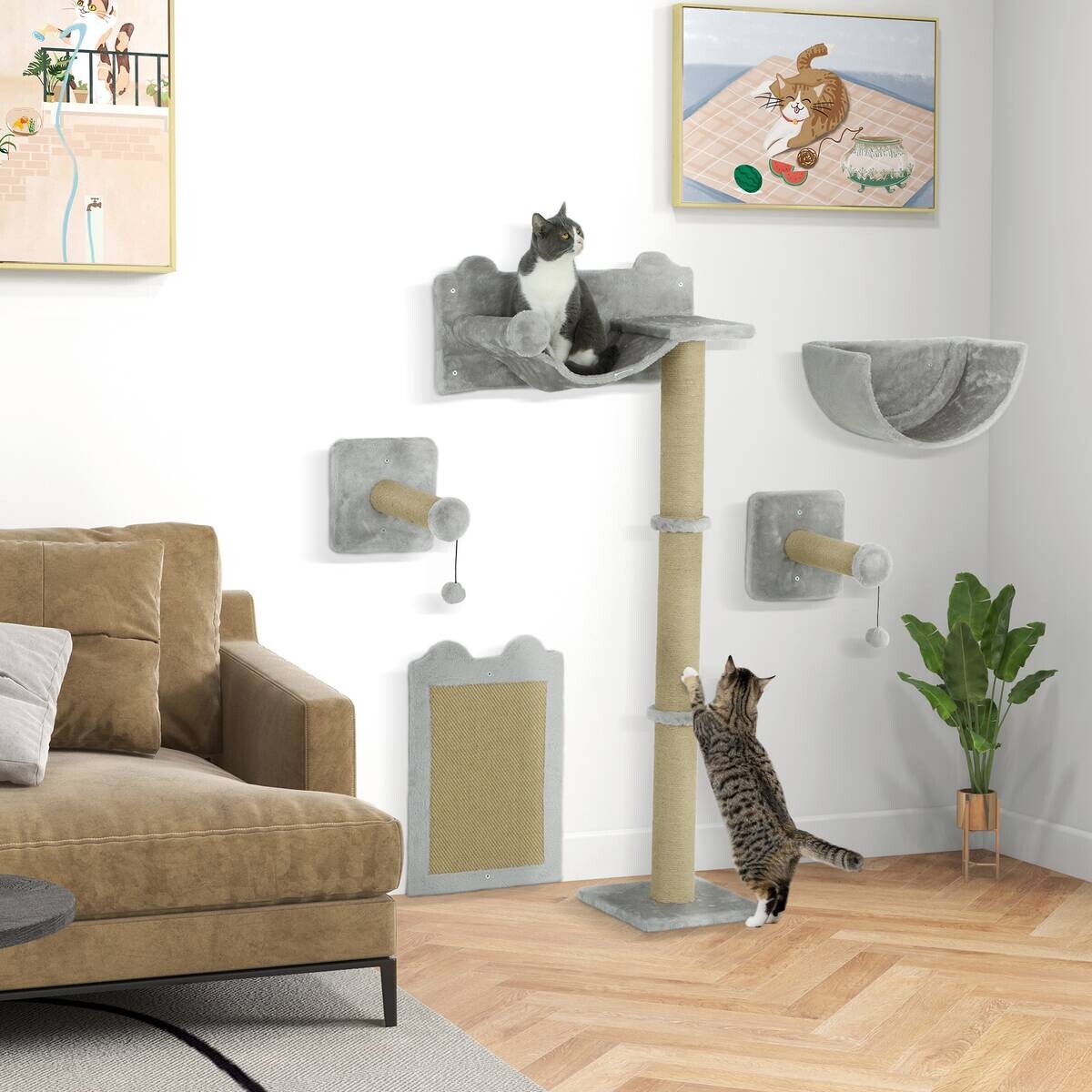 PawHut Katzen Kletterwand hellgrau Spanplatte B/H/L: ca. 32x140x60 cm