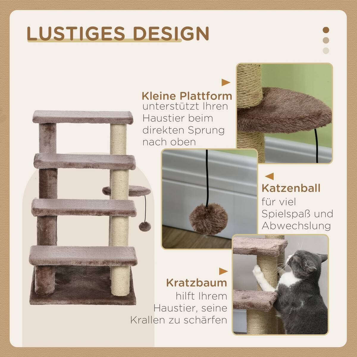 PawHut Katzentreppe braun Stoff B/H/L: ca. 40x64x60 cm