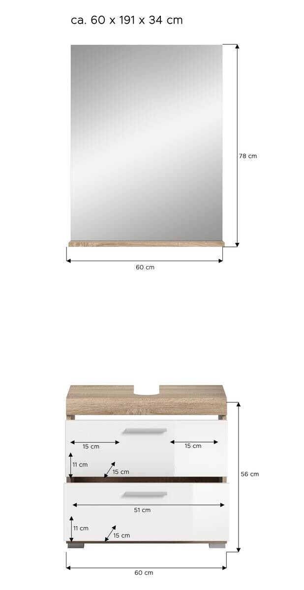 Badezimmer-Set Lambada Eiche Sonoma Nachbildung weiß Hochglanz B/H/T: ca. 60x191x37 cm
