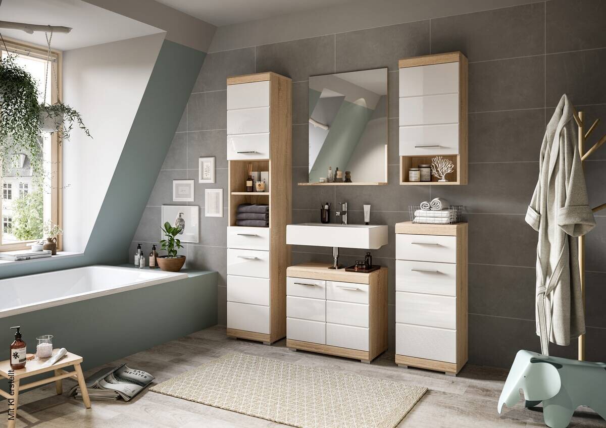 Badezimmer-Set Lambada Eiche Sonoma Nachbildung weiß Hochglanz B/H/T: ca. 112x191x34 cm