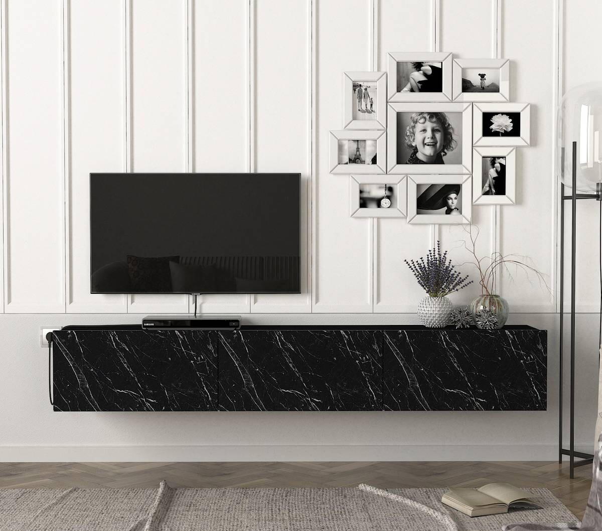 TV-Lowboard Damla schwarz Marmor Optik B/H/T: ca. 180x29,5x29,5 cm