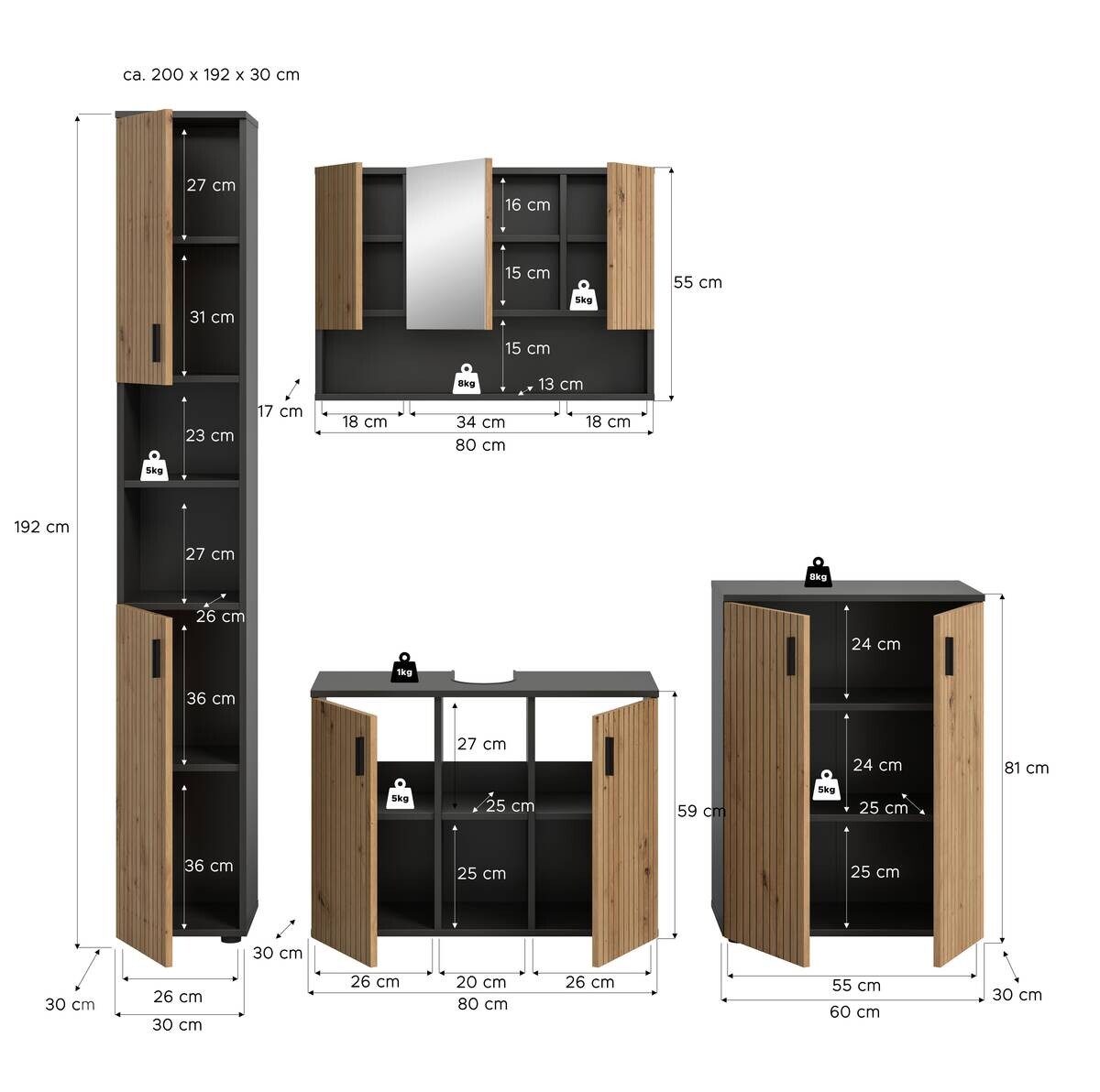 Badezimmer-Set Mone Basalt Nachbildung Artisan Oak Nachbildung B/H/T: ca. 200x192x30 cm