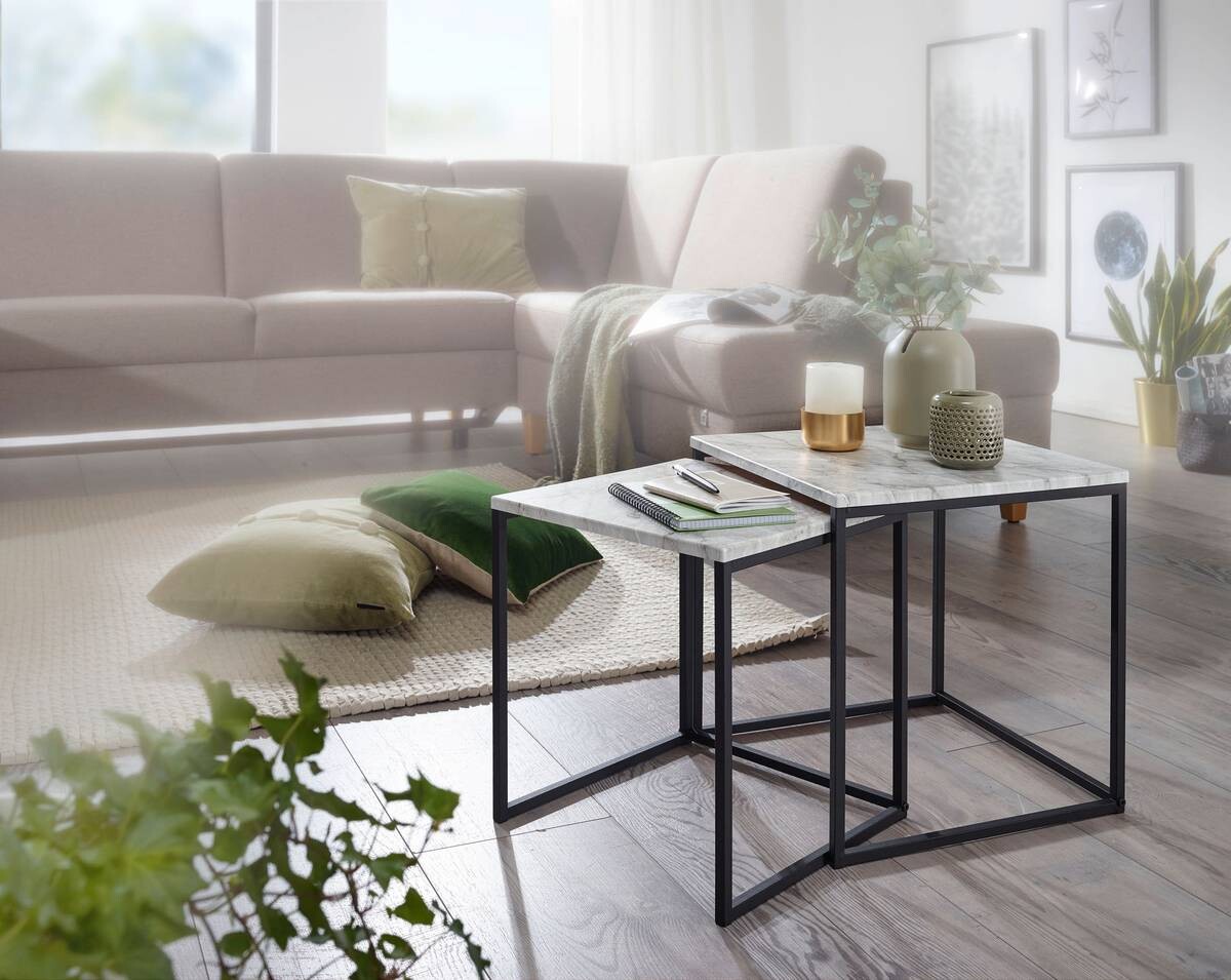 Beistelltisch 2er-Set. weiß Marmor Optik schwarz pulverbeschichtet MDF Stahl