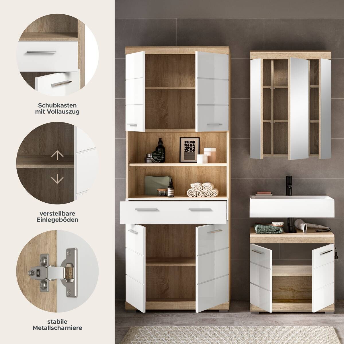 Badezimmer-Set Lambada Eiche Sonoma Nachbildung weiß Hochglanz B/H/T: ca. 149x34x191 cm