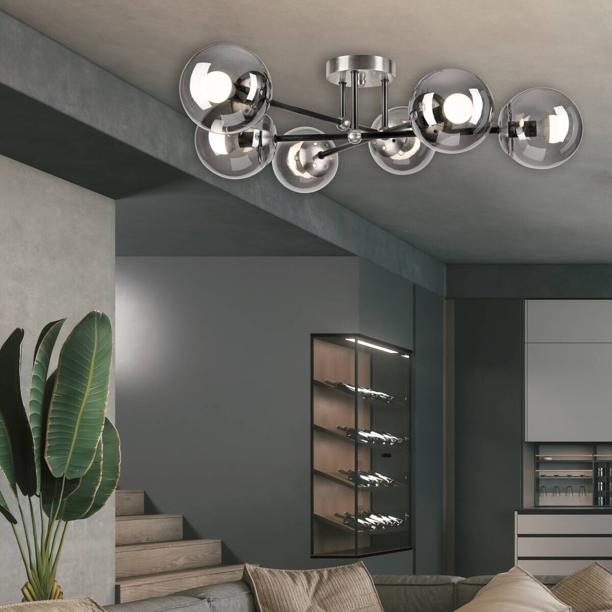 Lamkur Anbauleuchte Malena Chrom schwarz Glas Stahl B/H/L: ca. 64x20x64 cm E14 6 Brennstellen