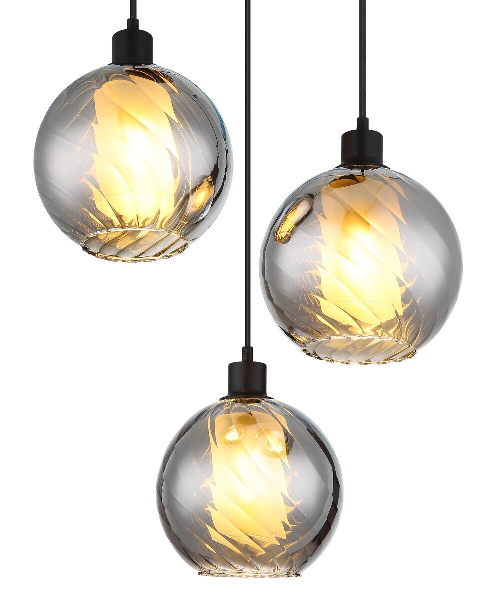 GLOBO Pendelleuchte Rauch schwarz Glas Metall H/D: ca. 120x46 cm E27 3 Brennstellen