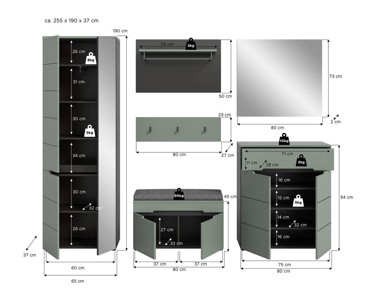 Garderobe Canu grün basaltgrau Nachbildung B/H/T: ca. 255x190x37 cm