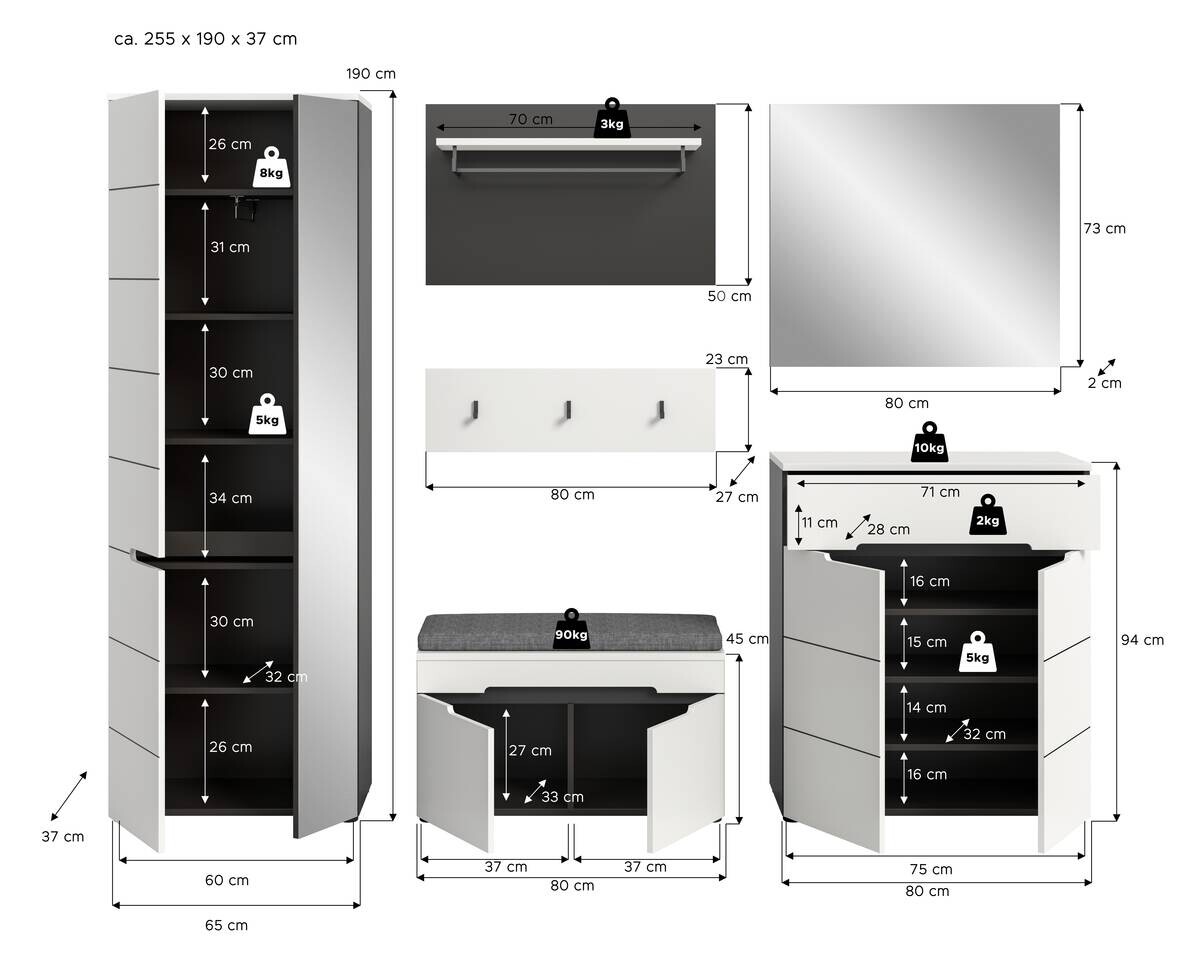 Garderobe Canu basaltgrau Nachbildung weiß B/H/T: ca. 255x190x37 cm