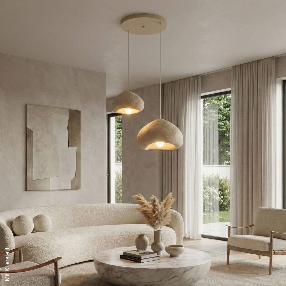 Opviq Pendelleuchte beige Metall Fiberglas B/T/L: ca. 70x70x70 cm E27 2 Brennstellen