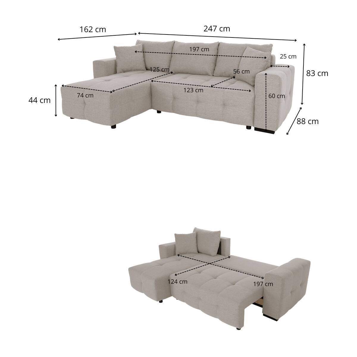 Ecksofa mit Bettfunktion und Bettkasten hellgrau Webstoff B/H/T: ca. 247x83x162 cm