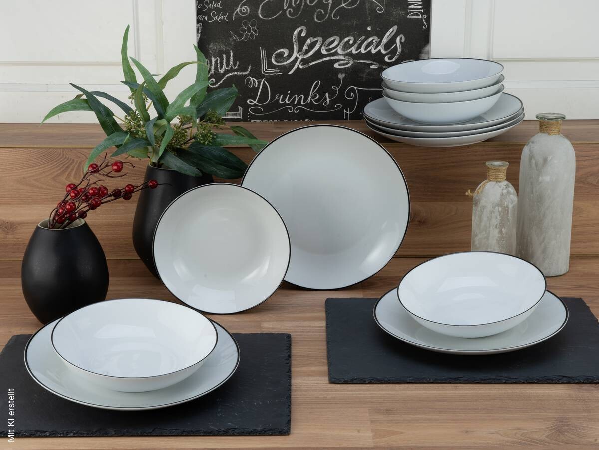 CreaTable Tafelservice Luna Black Line weiß Porzellan 12 tlg.
