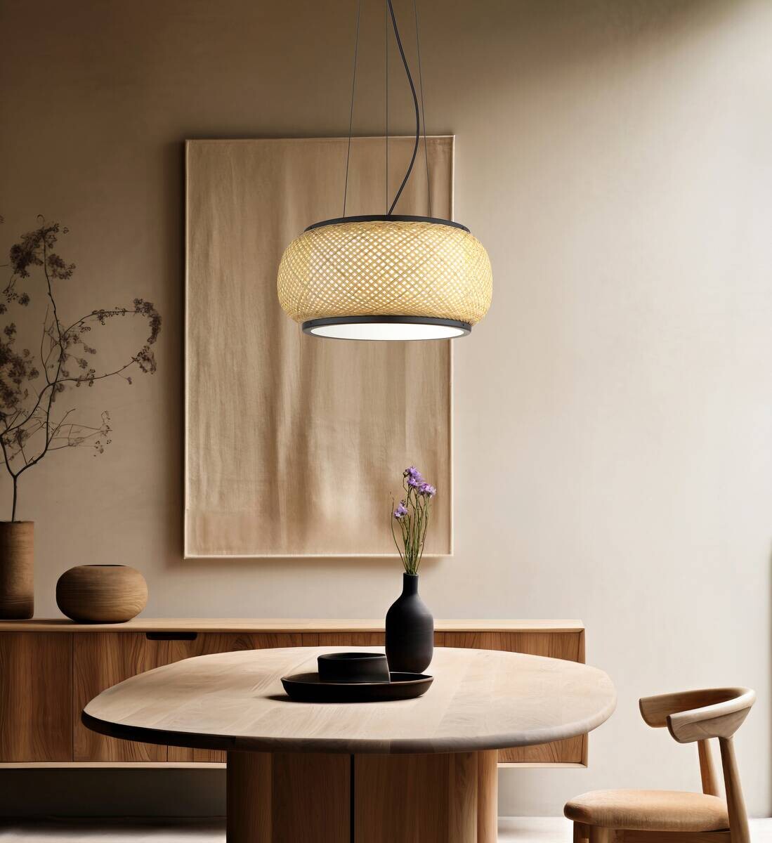 GLOBO Pendelleuchte natur mattschwarz Bambus Metall H/D: ca. 120x38 cm 1.0 Brennstellen