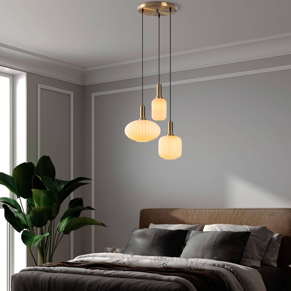 Opviq Pendelleuchte Asker-15201 gold Glas Metall B/H/T/L/D: ca. 55x130x55x55x55 cm E27 3 Brennstellen