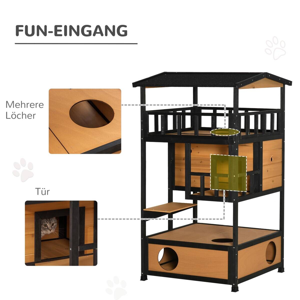 PawHut Katzenhaus schwarz Holz B/H/L: ca. 75x137x75,5 cm