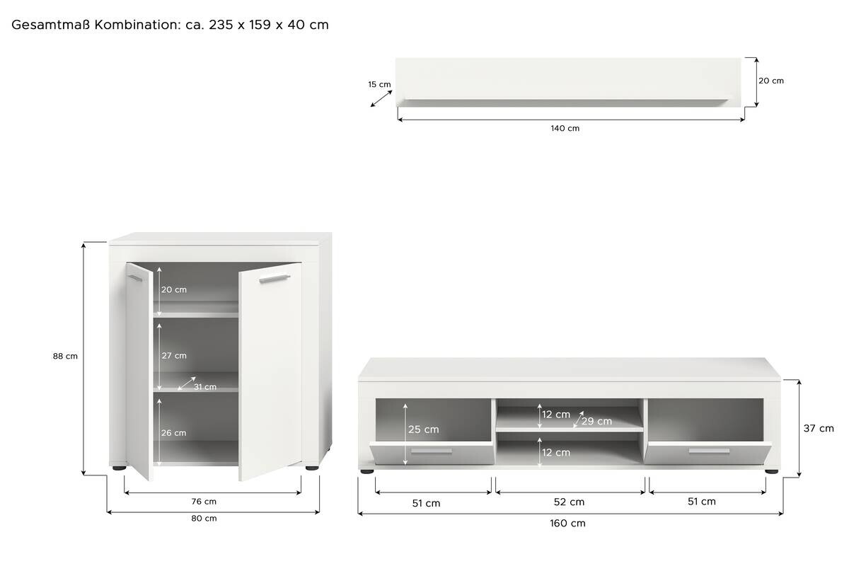 Wohnwand Jam weiß B/H/T: ca. 255x159x35 cm