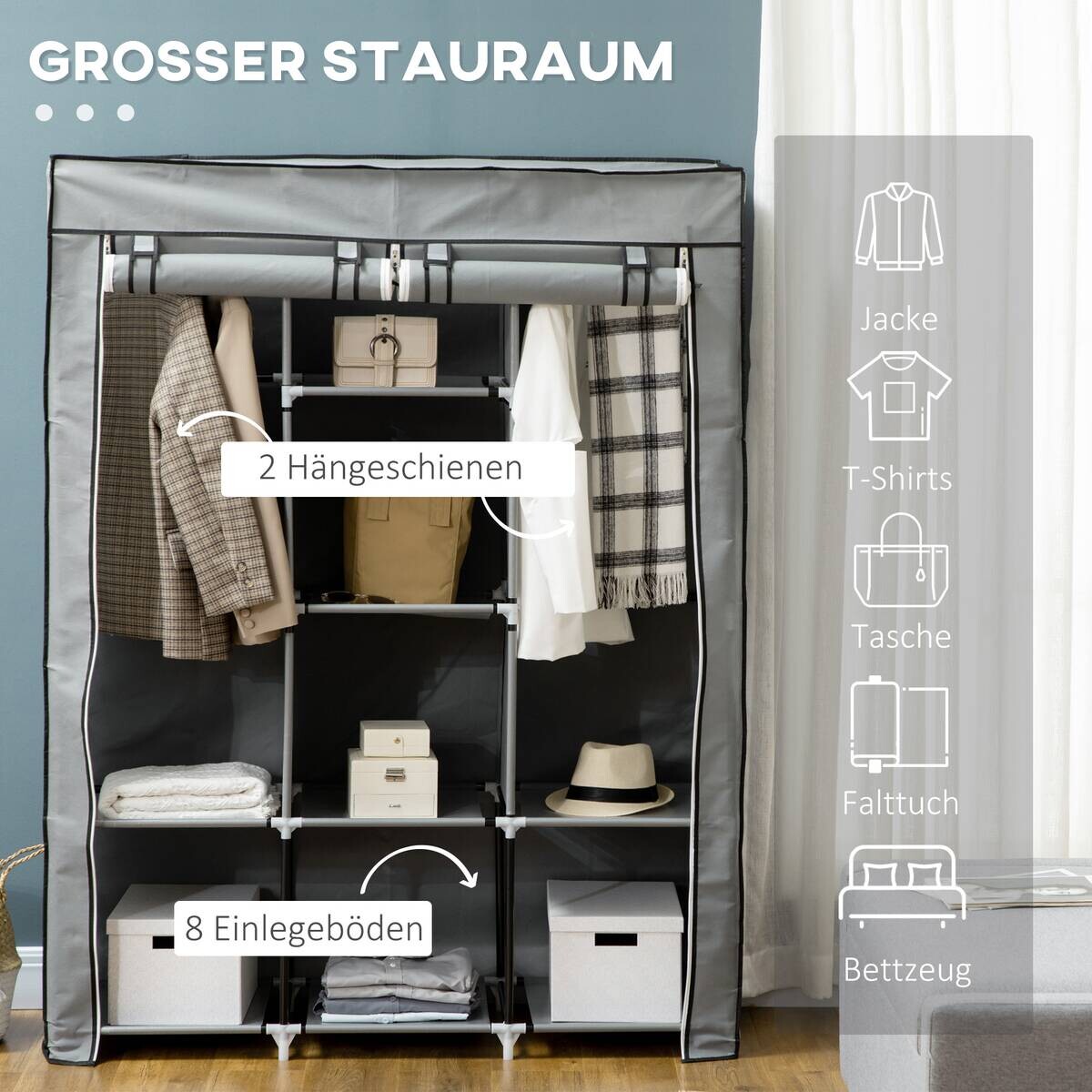 HOMCOM Kleiderschrank hellgrau Edelstahl B/H/L: ca. 43x125x162,5 cm