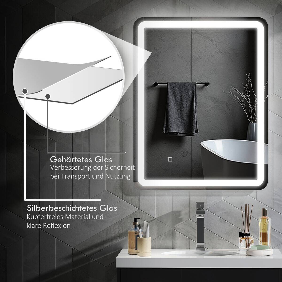 HOMCOM LED-Bad-Spiegel silber B/H/L: ca. 70x4x90 cm