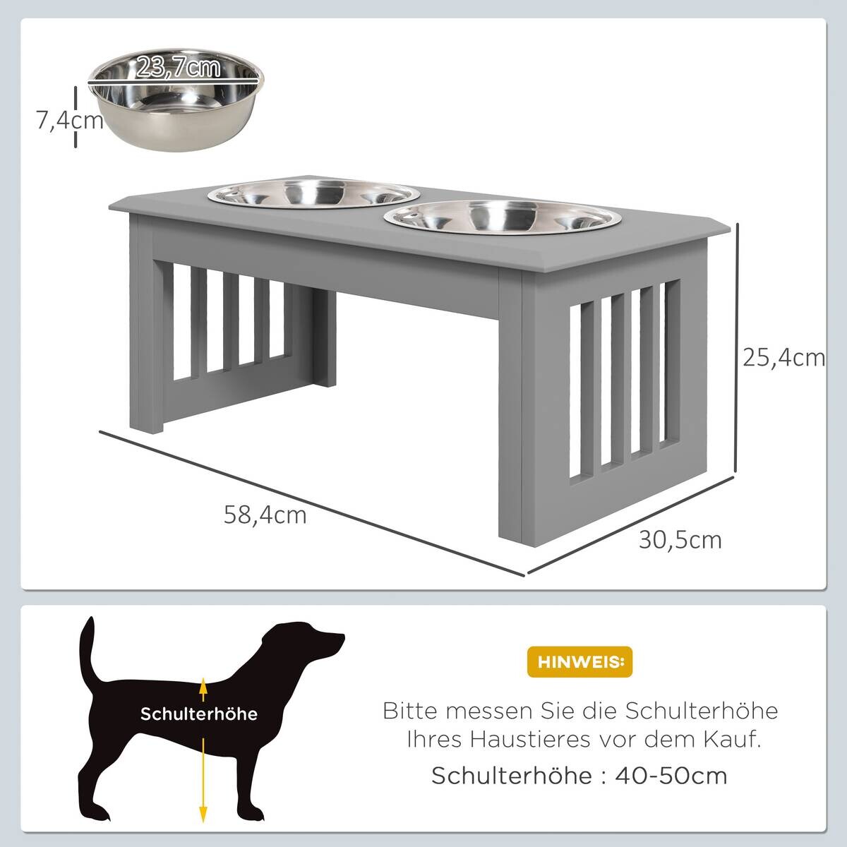 PawHut Futternapf grau Edelstahl B/H/L: ca. 30,5x25,4x58,4 cm