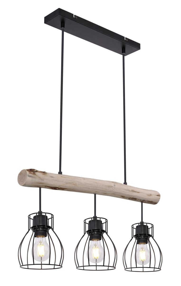 GLOBO Pendelleuchte Mina natur schwarz Holz Metall B/H: ca. 60x140 cm E27 3 Brennstellen