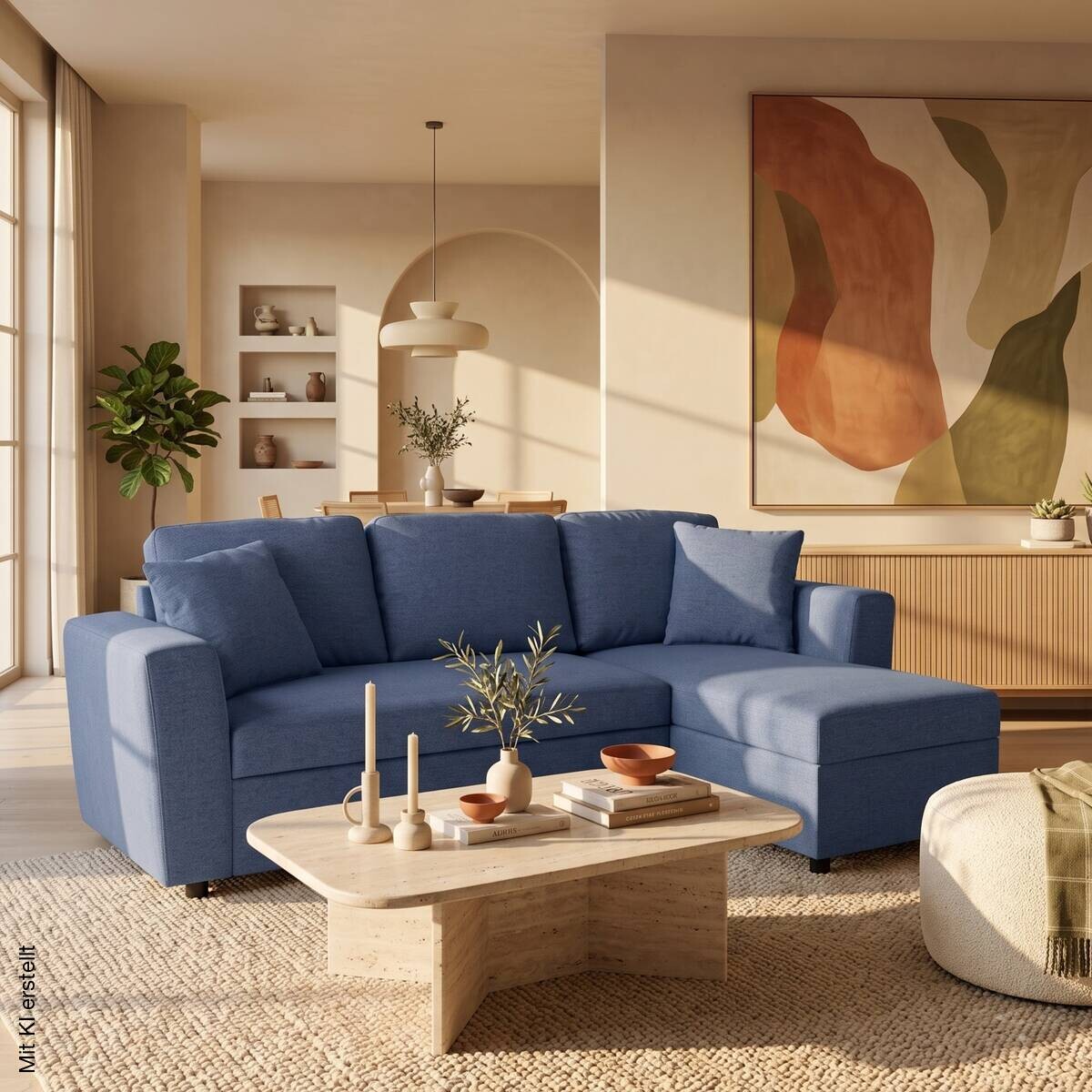 Ecksofa mit Bettfunktion und Bettkasten blau Webstoff B/H/T: ca. 234x86x144 cm