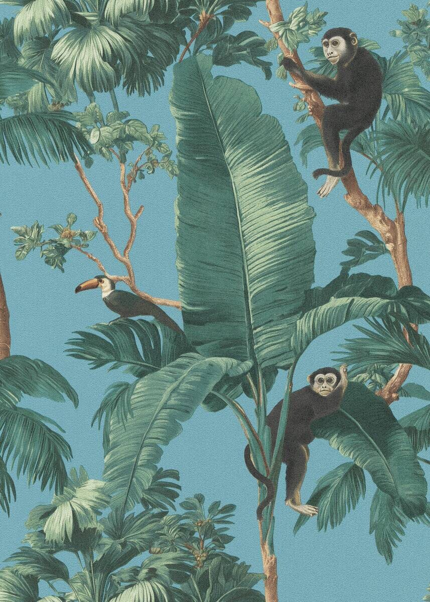Vliestapete Palmen mit Affen grün türkis B/L: ca. 53x1005 cm