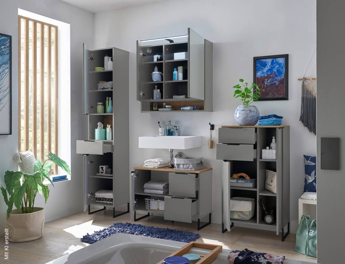 Spiegelschrank Denver grau matt Eiche Evoke Coast Nachbildung B/H/T: ca. 80x75x22 cm